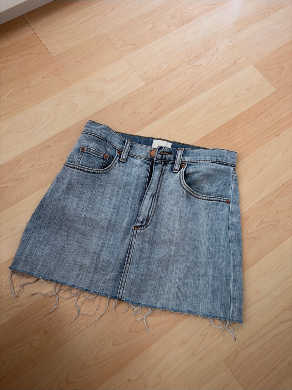 Wilfred Light Blue Denim Mini Skirt with Frayed Hem